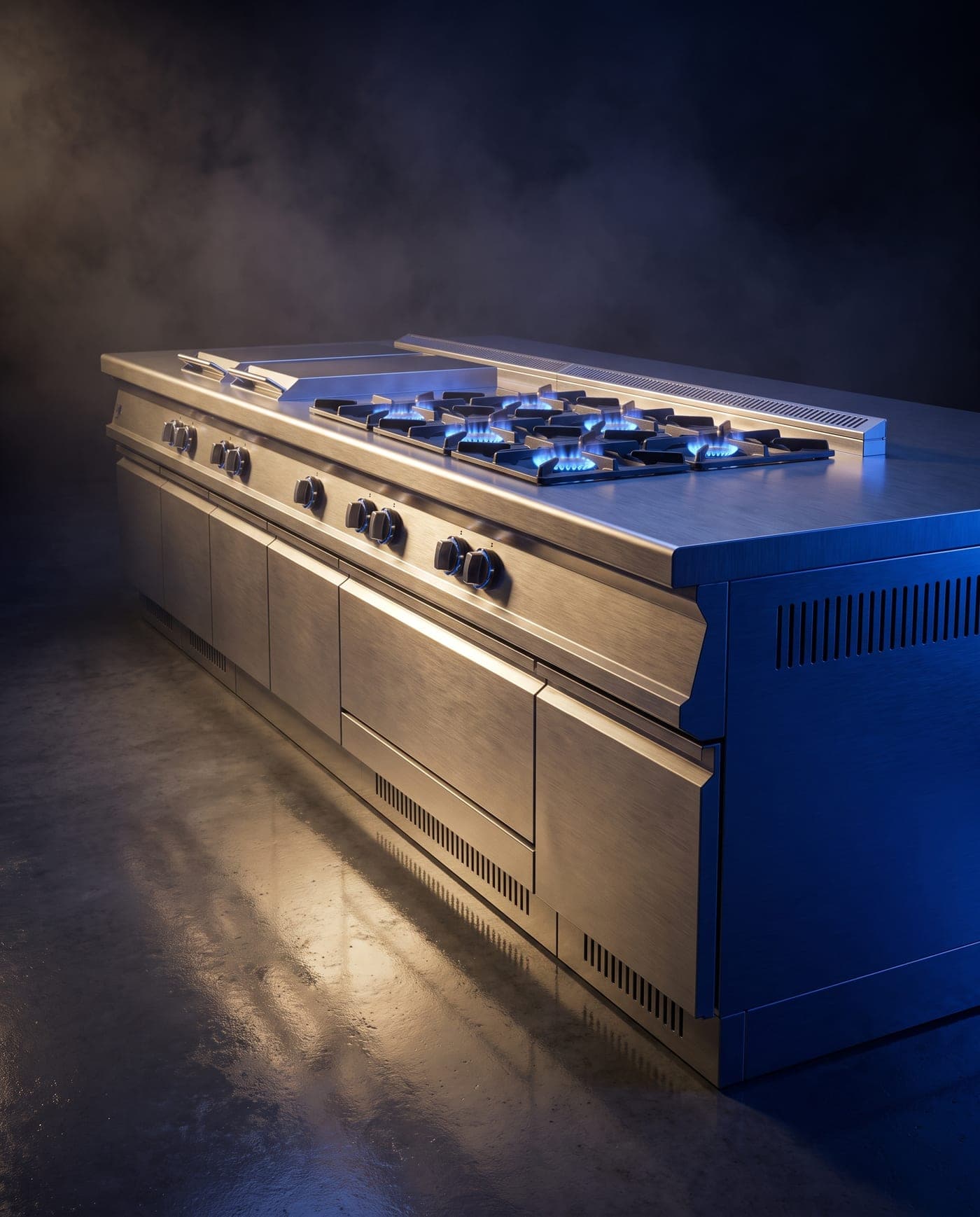 Hemco Flamepro modular cooking suite with live burners in a dark studio